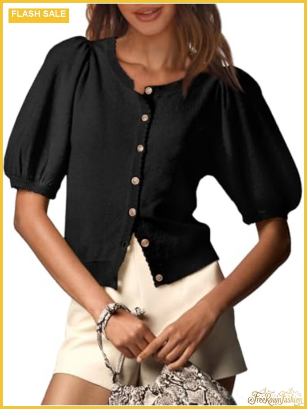 Women's Puff Short Sleeve Cardigan Lightweight Knit Sweater Button Down
